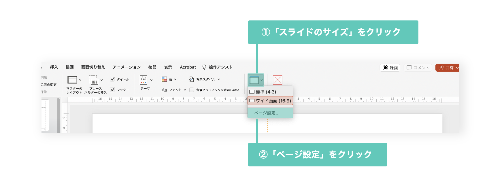 パワポのスライドサイズの変更方法の説明